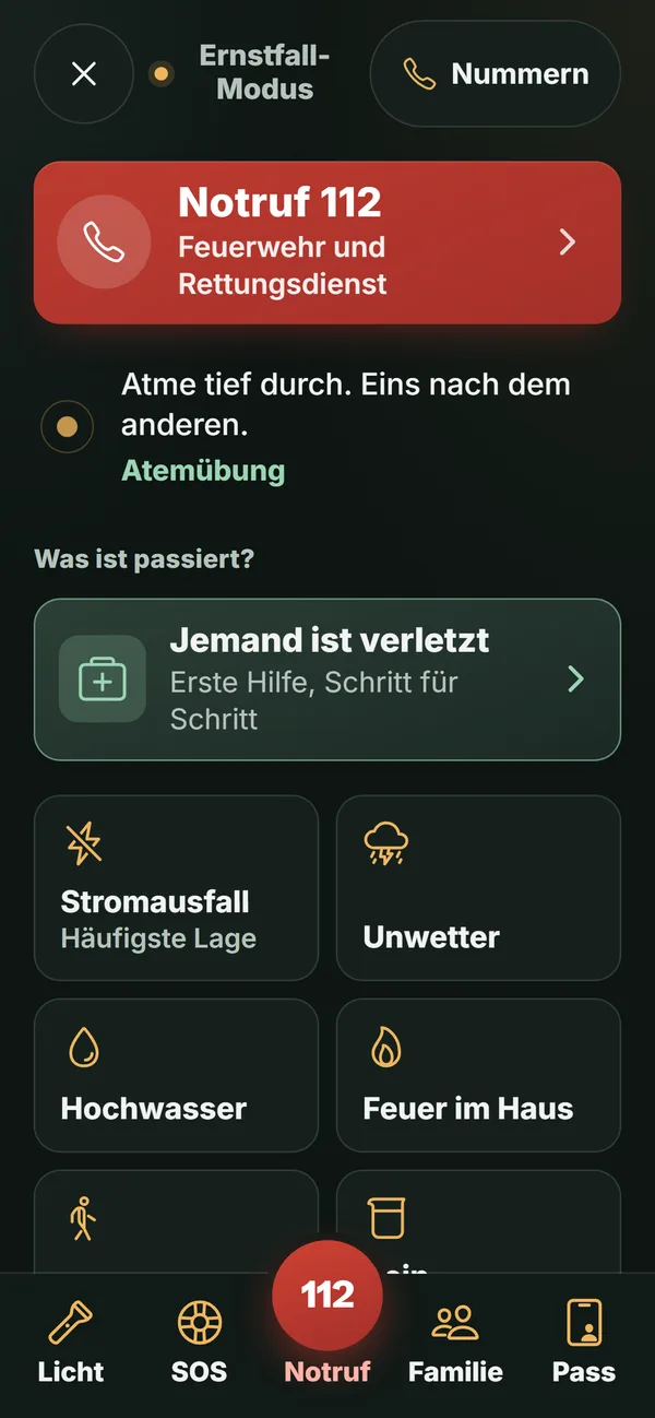 Ernstfall-Modus der App: Notruf 112, Atemübung und Auswahl, was passiert ist